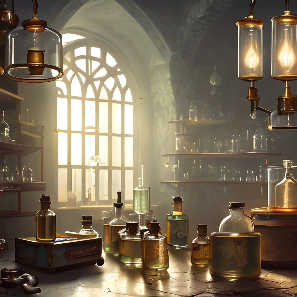 Prompt: an old alchemy laboratory, vials, bottles, crystal balls, dim lighting, light rays coming through the window, dust particles, photorealistic painting, beautiful elaborate interior, vintage laboratory style, digital painting, high resolution, cinematic scene lighting, matte painting