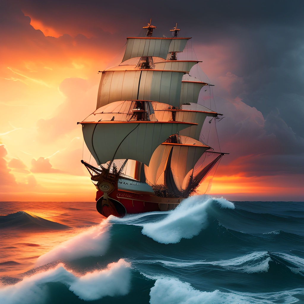 Prompt: spanish galleon on a stormy sea, sunset, hyper realistic, super detailed, 8k, high quality