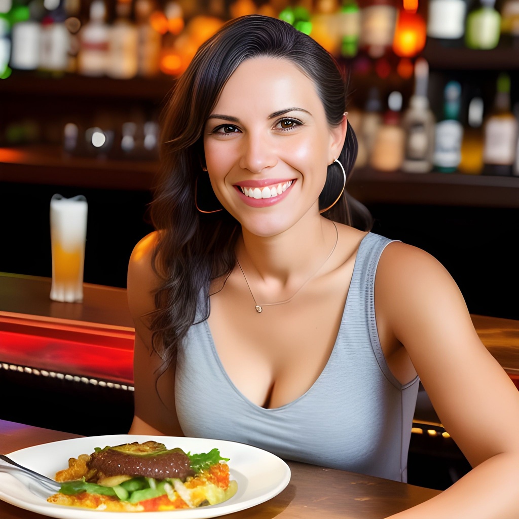 Prompt: a woman sitting at a table with a plate of food, perfect smile, at a bar, selfie!!!!!, 32 year old,  very realistic, handsome girl