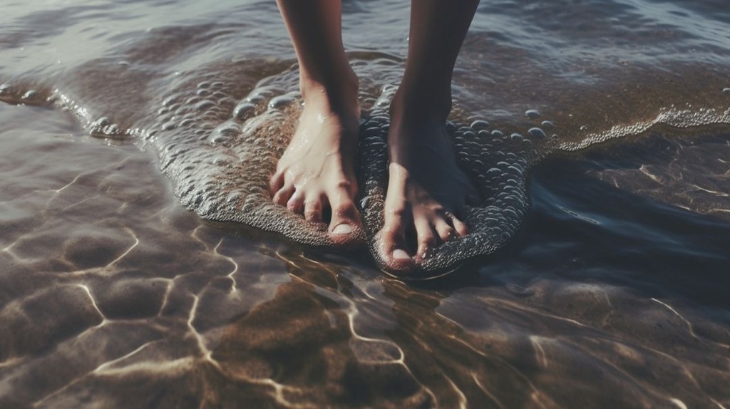 Prompt: low shot POV image, of extremely attractive feet with painted nails and high detail, with a very beautiful skin and a very detailed nail pattern. The feet are standing in the foam as it washes with the crisp sea, and the feet are sinking into the sand of the ocean floor. --ar 16:9 --q 2 --upbeta --v 5.1