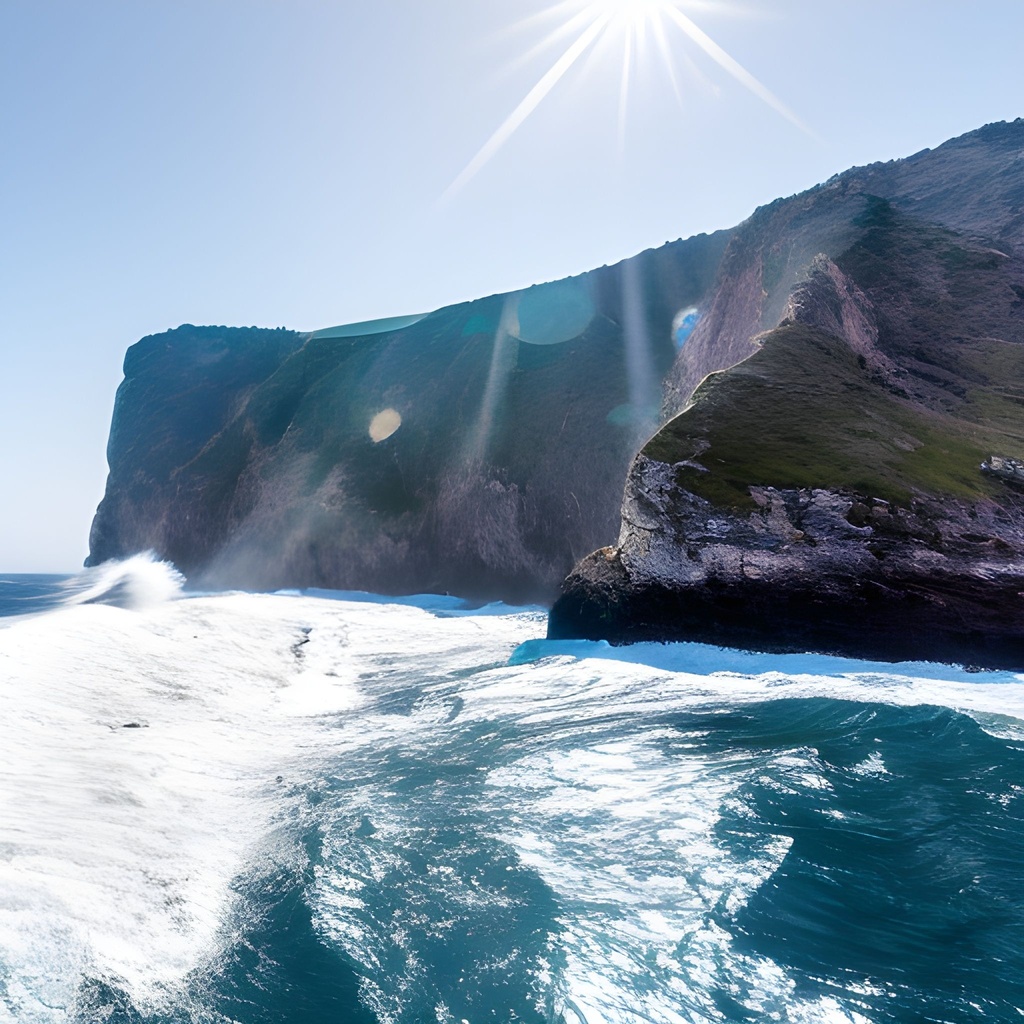 Prompt: landscape, huge cliff, 500 m high, with crashing waves, photographed from the sea