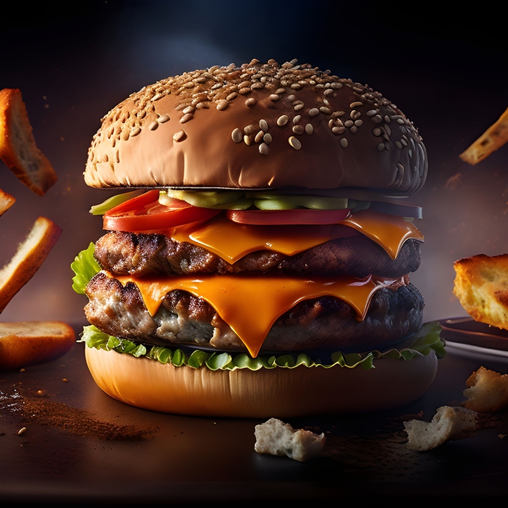 Prompt: Food Photography of a burger:: Studio Lighting:: :: kaleidoscopic, Cheiron Crush, Lithography, close-up portrait, Sketchfab, Sharp, sprite sheet, laser lighting, Hyper realistic intricate detail, finely detailed, Advertising, food photography, highly detailed, realistic, low angle, depth of field, masterpiece, professional work