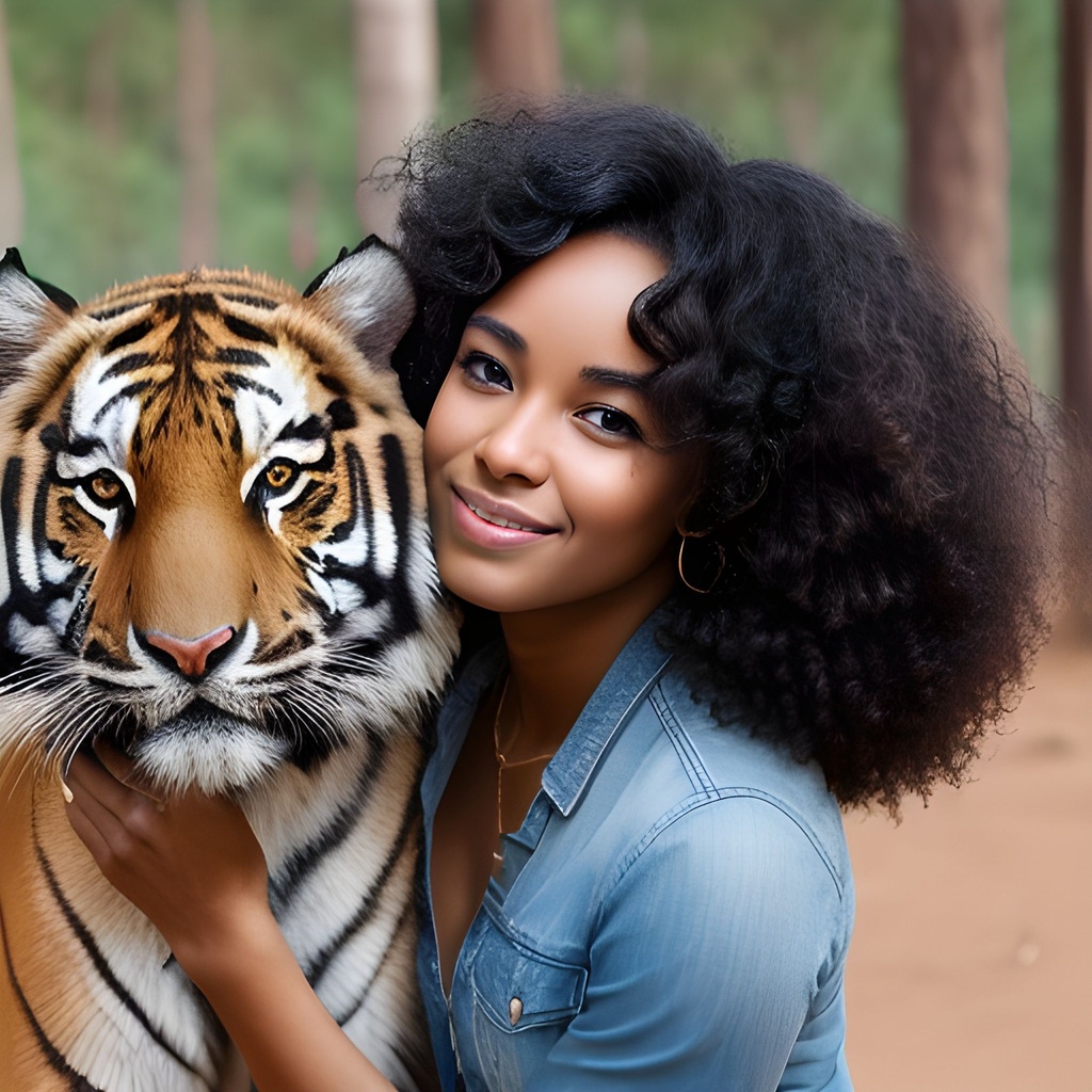 Prompt: black woman petting a tiger, sensual dress, curly hair, brown eyes, hyper realistic 8K