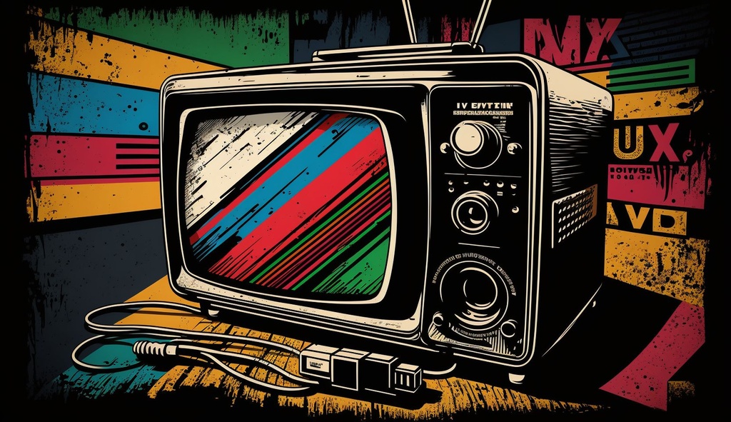 Prompt: an illustration of television with various colors, in the style of neo-pop mixed media, moyoco anno, mike deodato, bold colorful lines, kodak vision2 100t, woodcut-inspired graphics, ivanovich pimenov