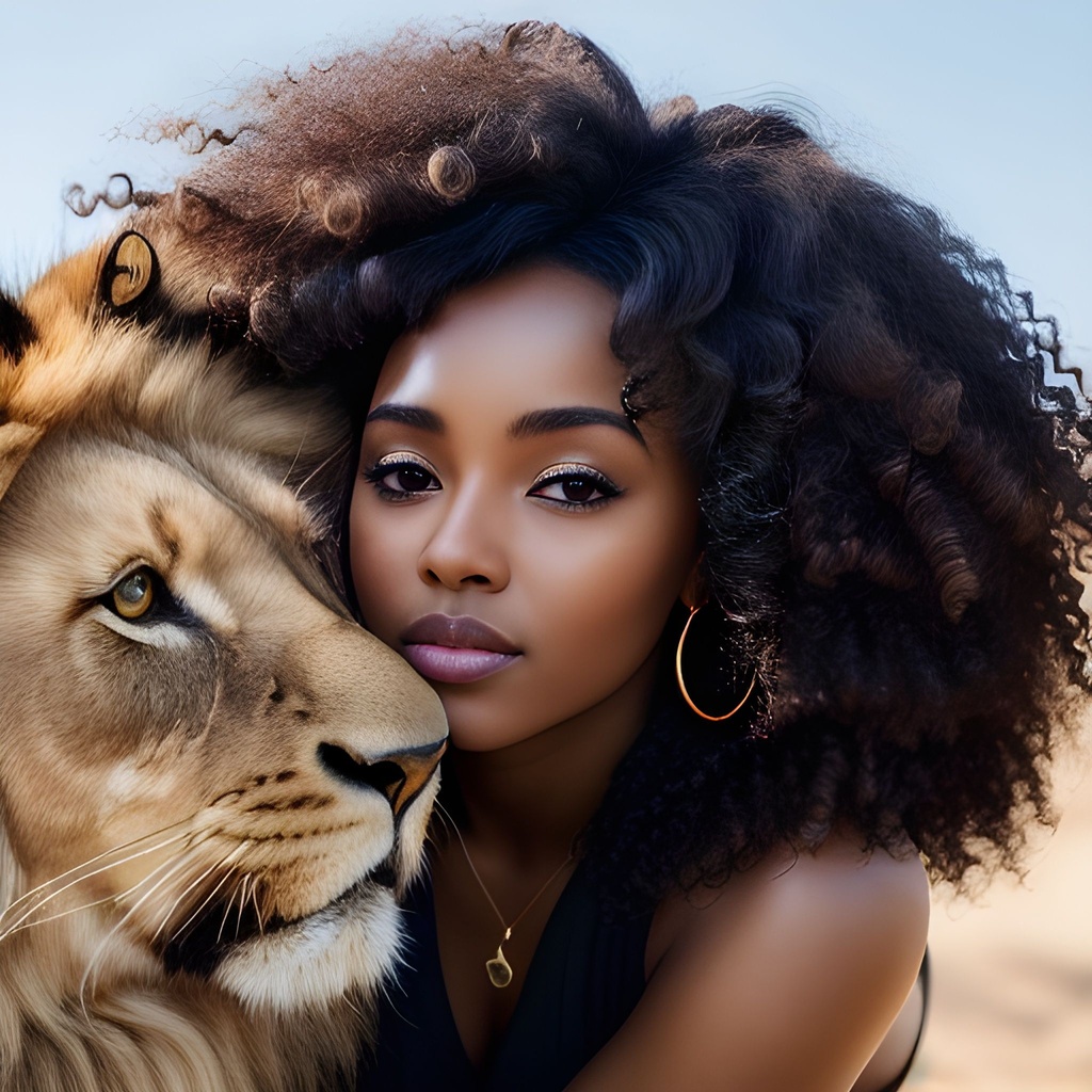 Prompt: black woman petting a lion, curly hair, brown eyes, hyper realistic 8K