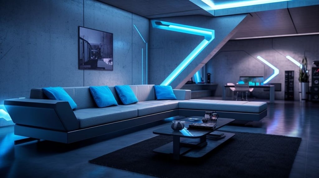 Prompt: the interior of a modern fashionable home with furniture made with concrete stainless steel and comfortable plush fabrics and pillows installed into the sturdy bases. Modern sleek look with blue neon lights embedded into the walls and along the walls. --ar 16:9 --q 2 --upbeta --v 5.1