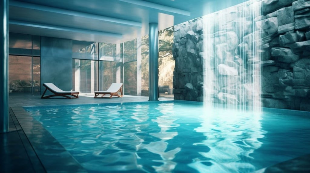 Prompt: indoor pool with a small craggy waterfall into it, bright blue chlorine smelling water, modern glass walls, and an amazing view. All in a relaxing style, dynamic lighting, comfort all around. --ar 16:9 --q 2 --upbeta --v 5.1