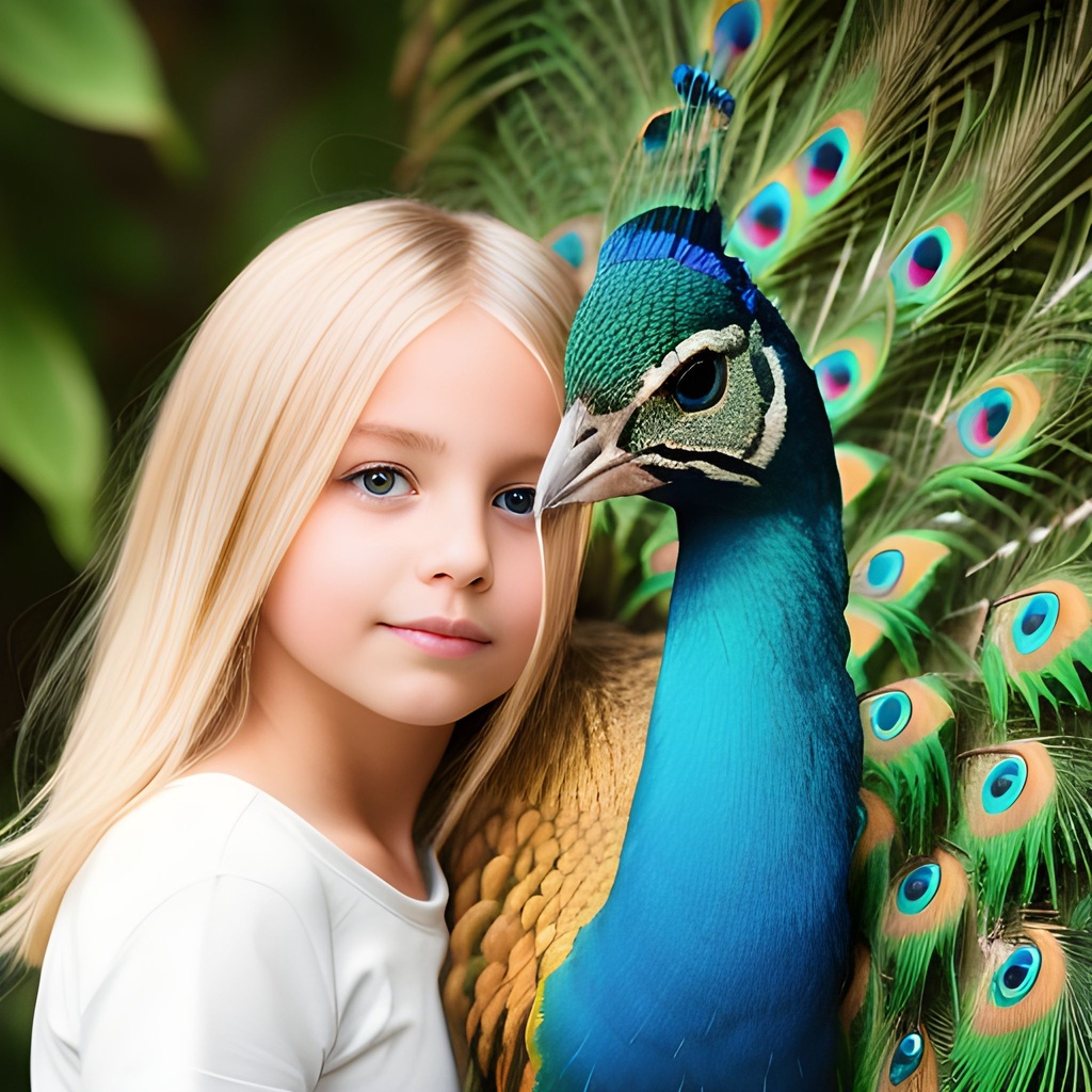 Prompt: blondie girl with green eyes, petting a peacock with open tail, centred, rule of thirds, 200mm 1.4f macro shot