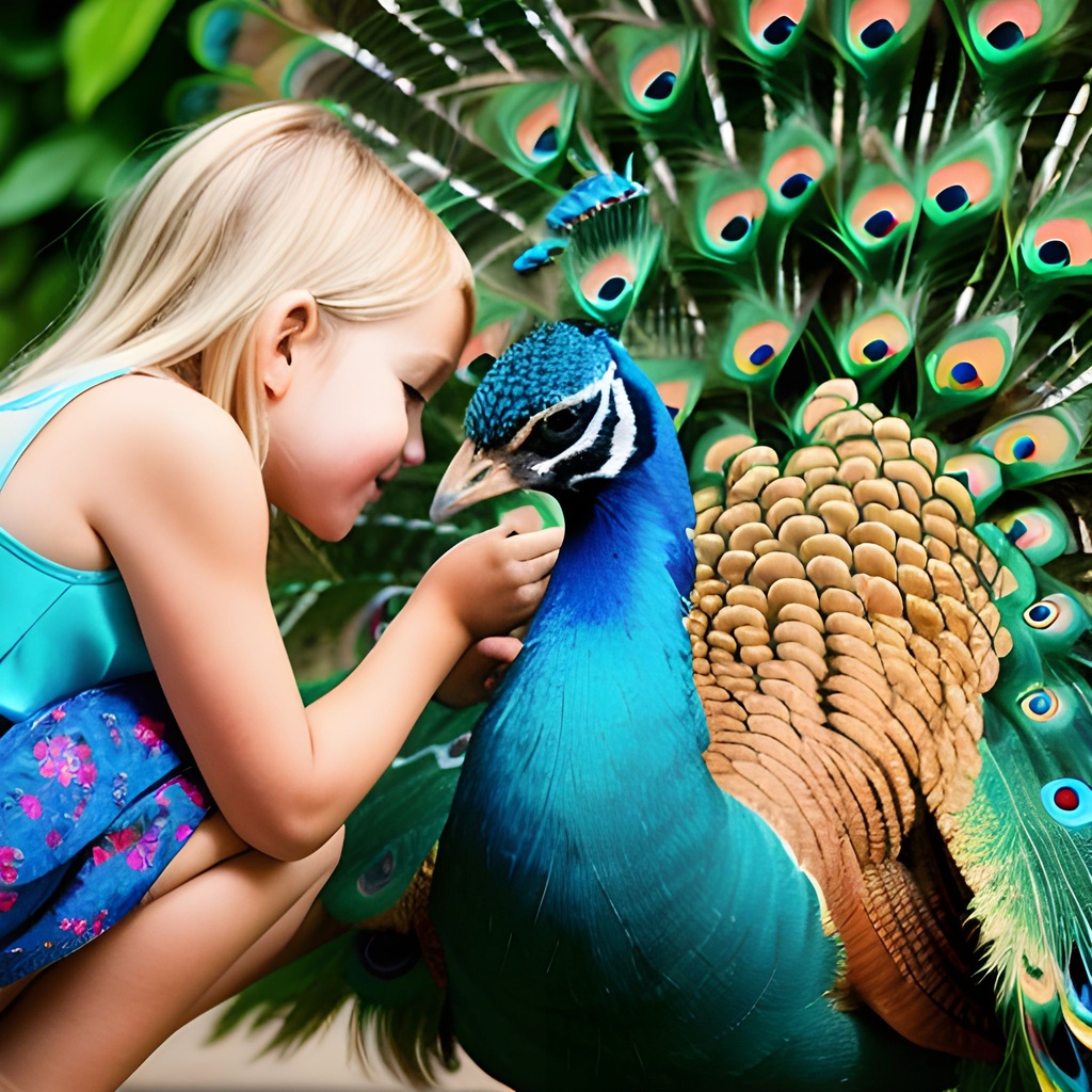 Prompt:  blondie girl petting a peacock with open tail, centred, rule of thirds, 200mm 1.4f macro shot