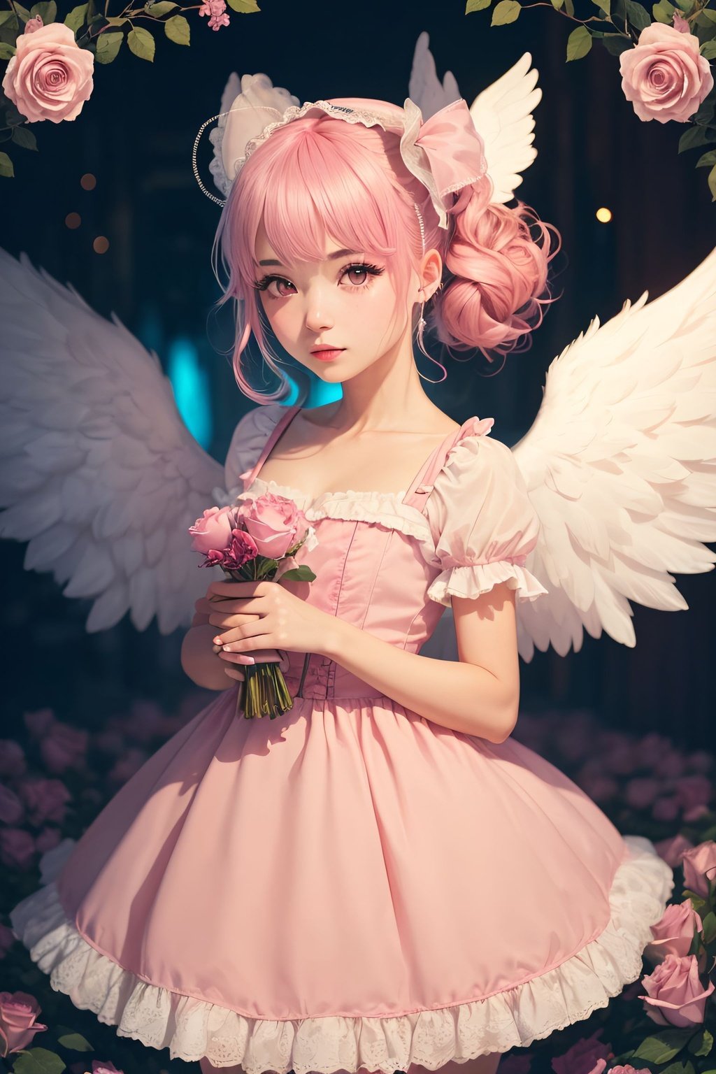Prompt: single girl, (solo), solo focus, (((pink_hair))), (hime cut), thin hair, wavy ((ponytail)), (sleepy), red eyes, angel wings, halo, (((lolita fashion))), hair flower, roses, petels, (chibi),, RAW candid cinema, 1Woman, studio, 16mm, ((color graded portra 400 film)) ((remarkable color)), (ultra realistic), textured skin, remarkable detailed pupils, ((realistic dull skin noise)), ((visible skin detail)), ((skin fuzz)), (dry skin) shot with cinematic camera, UHD, HDR, 8K, (Masterpiece:1.5)