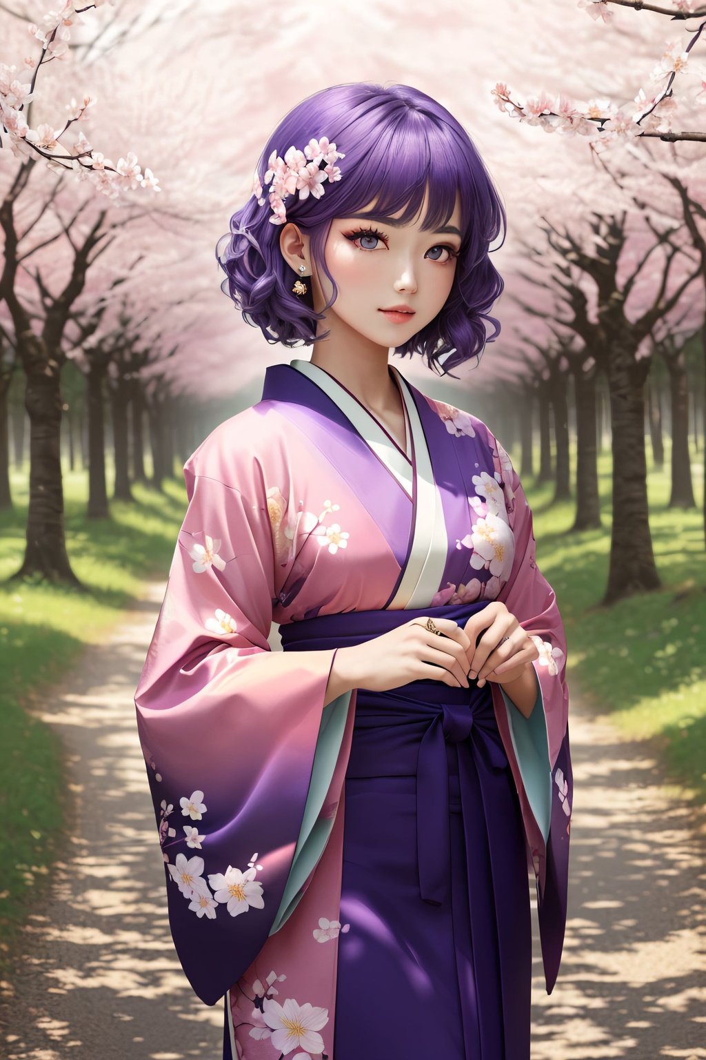 Prompt: cute and pretty girl with purple hair, light pink eyes, and a flower kimono in a forest of cherry blossom trees, UHD, HDR, 8K, (Masterpiece:1.5)