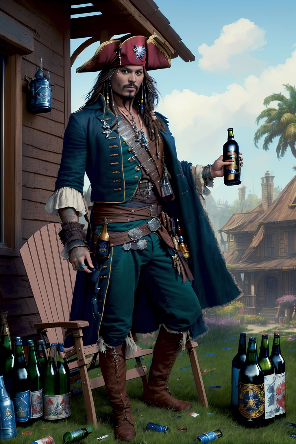 Prompt: high-quality high-detail highly-detailed breathtaking hero ((by Aleksi Briclot and Eddie Mendoza)) - Johnny Depp as (Jack Sparrow) sitting on ((cheap foldable lawn chair in his front-yard)), (bottles of beer), (drunk holding a bottle of beer in hand), (((empty beer bottles litter the ground))), suburbia.