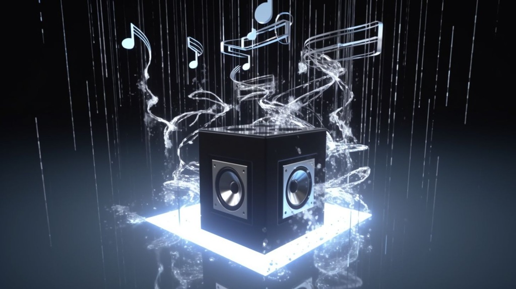 Prompt: spinning bass pumping 3d cube, shimmering music notes in the background