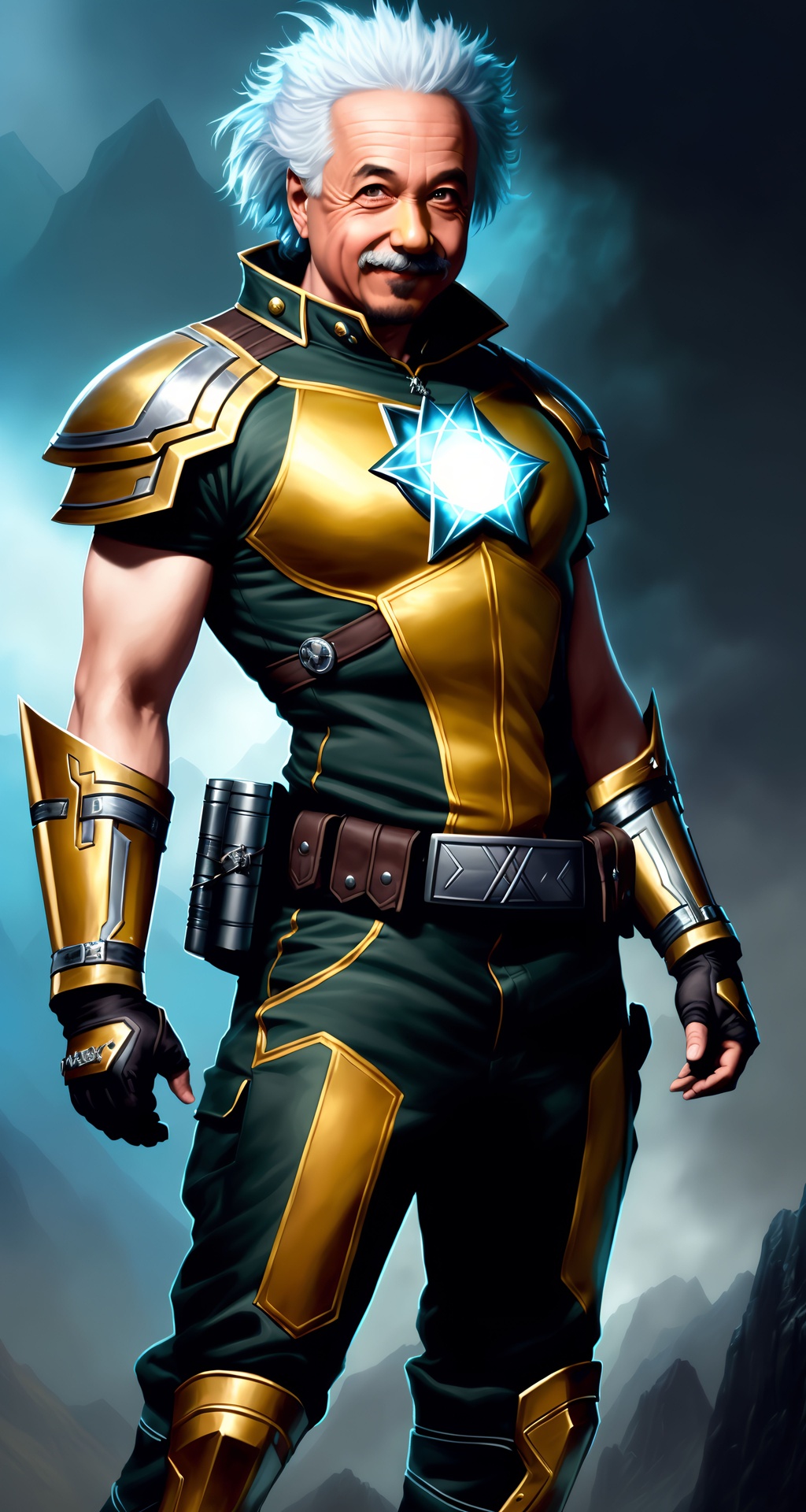 Prompt: high-quality high-detail highly-detailed breathtaking hero ((by Aleksi Briclot and Stanley Artgerm Lau)) - ((Albert Einstein)) superhero pose with big grin.