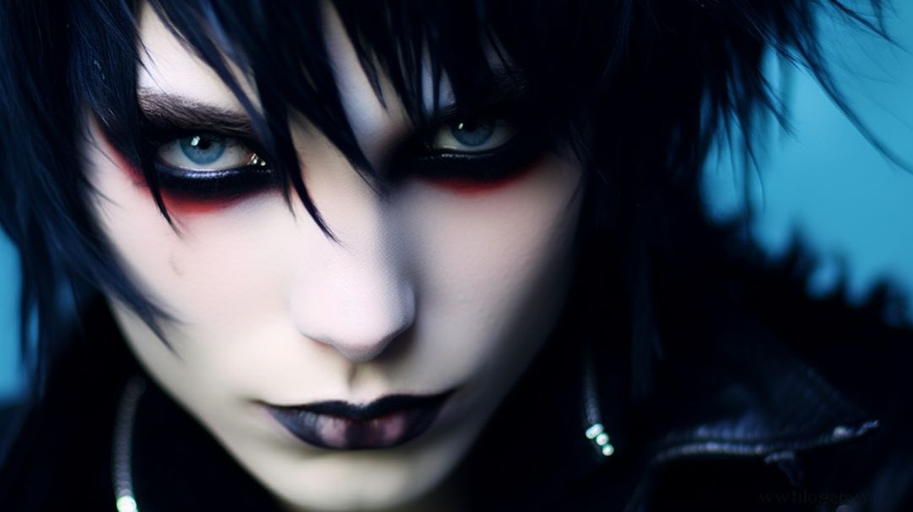 Prompt: portrait, pale femine male, long black bangs covering over one eye, short emo cut with red tips, bright ice blue eyes, snow white face, thick black eyeliner, soft pouty lips, head tilt, punk black collar with spikes, emo shirt, dynamic head tilt, attractive yet dark, broody --ar 16:9 --q 2 --upbeta --v 5.1