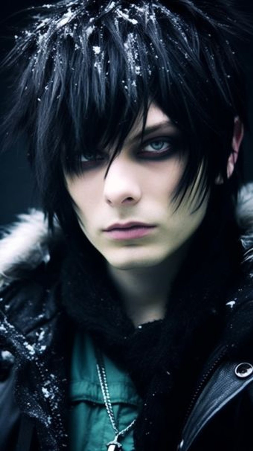 Prompt: portrait, pale femine male, long black bangs covering over one eye, short emo cut with red tips, bright ice blue eyes, snow white face, thick black eyeliner, soft pouty lips, head tilt, punk black collar with spikes, emo shirt, dynamic head tilt, attractive yet dark, broody --ar 9:16 --q 2 --upbeta --v 5.1