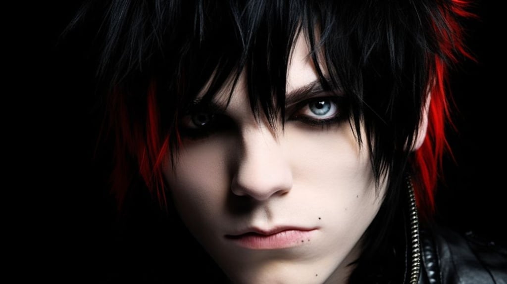 Prompt: portrait, pale femine male, long black bangs covering over one eye, short emo cut with red tips, bright ice blue eyes, snow white face, thick black eyeliner, soft pouty lips, head tilt, punk black collar with spikes, emo shirt, dynamic head tilt, attractive yet dark, broody --ar 16:9 --q 2 --upbeta --v 5.1
