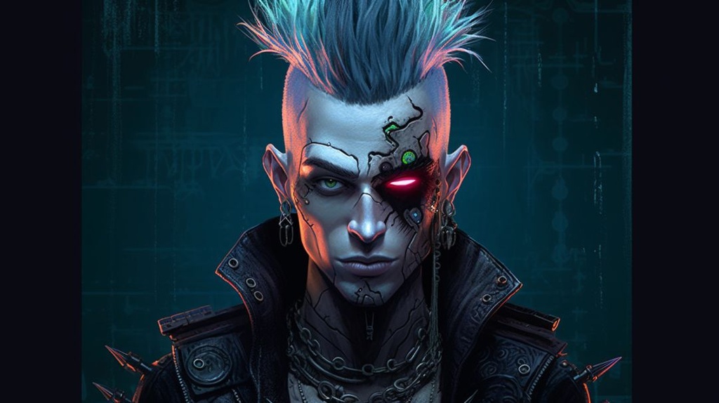 Prompt: pale male human, goth, emo, cyberpunk, black mohawk, Steampunk, rad, vampire, concert, smirk, neon, comic book style --ar 16:9 --q 2 --upbeta --v 5.1 