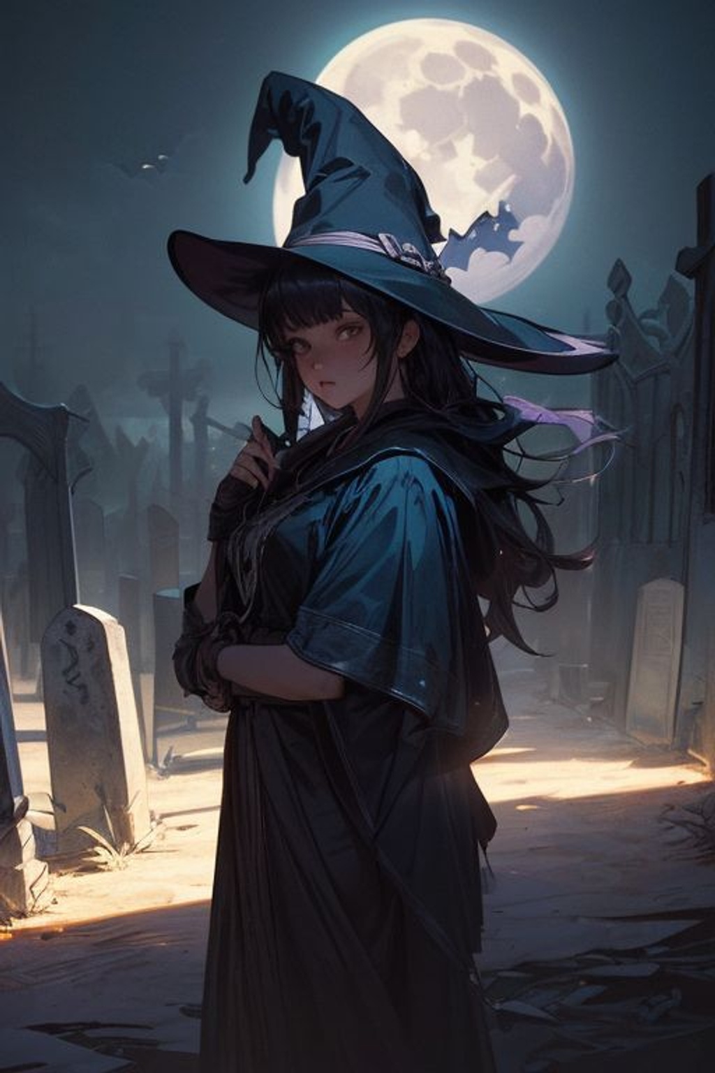 Prompt: ((best quality)), ((masterpiece)), ((realistic)), (girl:1.2), poised as a witch at the stroke of midnight in a graveyard, surrounded by the mystical aura of Halloween, set against a backdrop inspired by a blue woodcut print. The scene is bathed in the delicate and beautiful glow of moonlight, casting high contrast and dramatic shadows. Inspired by the art of Greg Rutkowski, the scene is rendered with fine details and ultra-detailed precision, presenting a masterpiece on a CG Unity 8K Wallpaper. The dynamic angle presents a full-body view of the subject, all under a dominantly blue color scheme punctuated by the glow from the moon and caustic elements. The scene exhibits an extremely detailed CG unity and the best shadow quality, on eye level, scenic, masterpiece