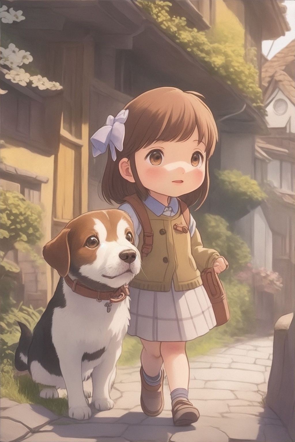 Prompt: close up shot, (front view), Insanely detailed close-up illustration showcasing a cute little girl and her adorable dog in a village street, focus on their faces, capturing every intricate detail with a cartoonish vector style. Inspired by Hayao Miyazaki and Makoto Shinkai. Mix-media, soft colors, ultra-high resolution with sharp focus