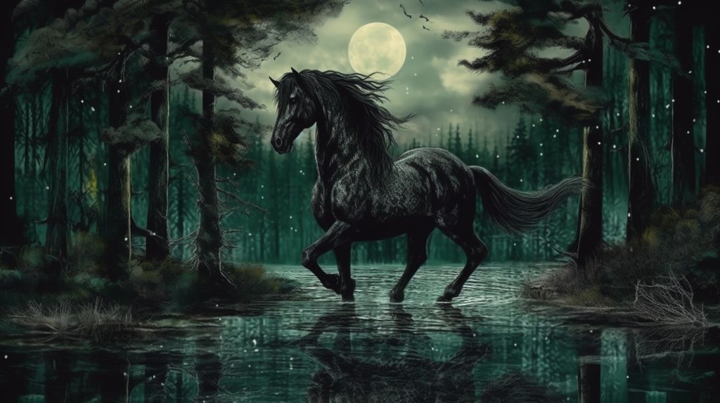 Prompt: kelpie (horse) rising out of the water on a full moon, a dark starless night, covered in seaweed, emerging from a shallow black lake of water, surrounded by a dark Welsh forest of pine trees. Beautiful, majestic, graceful, terrifying, powerful, with great detail --ar 16:9 --q 2 --upbeta --v 5.1