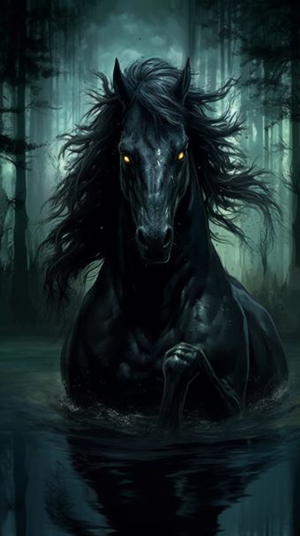 Prompt: a dark black demonic horse rising out of the water on a full moon, half submerged to it's waist in water covered in seaweed, snarling face with sharp fangs, a dark starless night, emerging from a shallow black lake of water, surrounded by a dark Welsh forest of pine trees. Beautiful, majestic, graceful, terrifying, powerful, with great detail --ar 9:16 --q 2 --upbeta --v 5.1