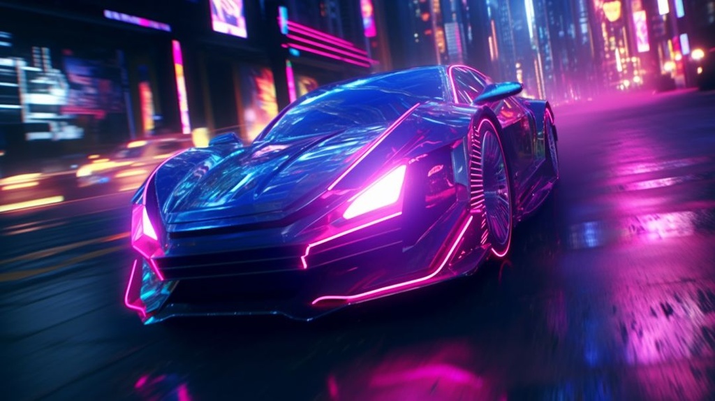 high speed cyber punk car chase glowing neon signs