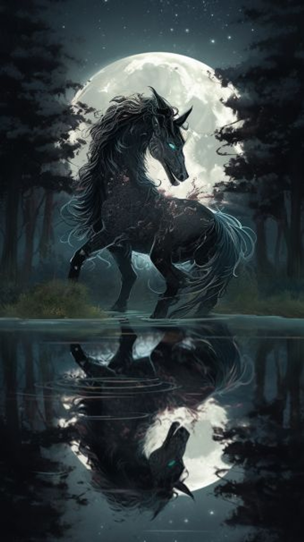 Prompt: kelpie (horse) rising out of the water on a full moon, a dark starless night, covered in seaweed, emerging from a shallow black lake of water, surrounded by a dark Welsh forest of pine trees. Beautiful, majestic, graceful, terrifying, powerful, with great detail --ar 9:16 --q 2 --upbeta --niji 5