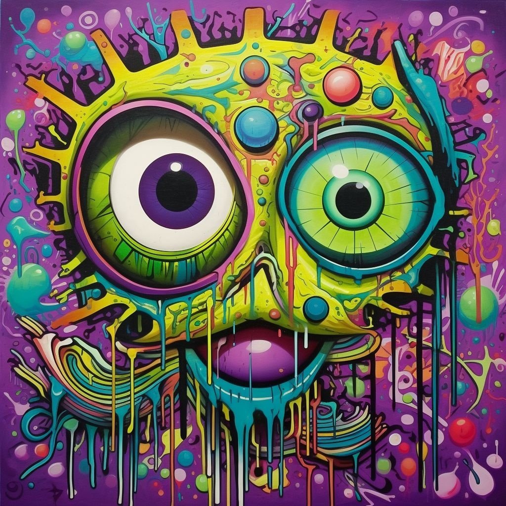 Prompt: an artwork of an eye and a green body with many antennae, in the style of colorful graffiti-like, light black and purple, airbrush art, colorful animation stills, vibrant tapestries, colorful curves, toyism