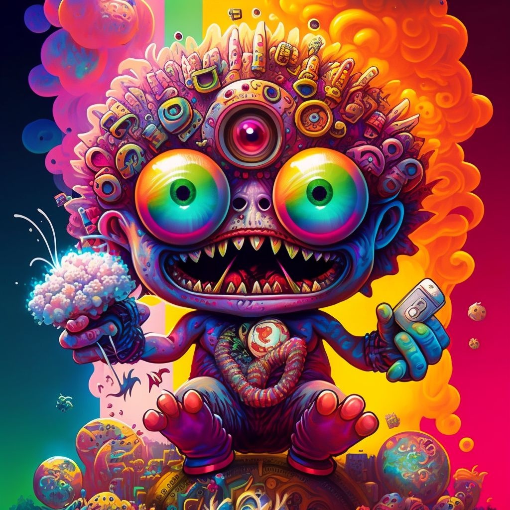 Prompt: a psychedelic art piece with bright colors and eyes, in the style of garbage pail kids, industrial paintings, detailed perfection, playful caricature, punctured canvases, neo-op