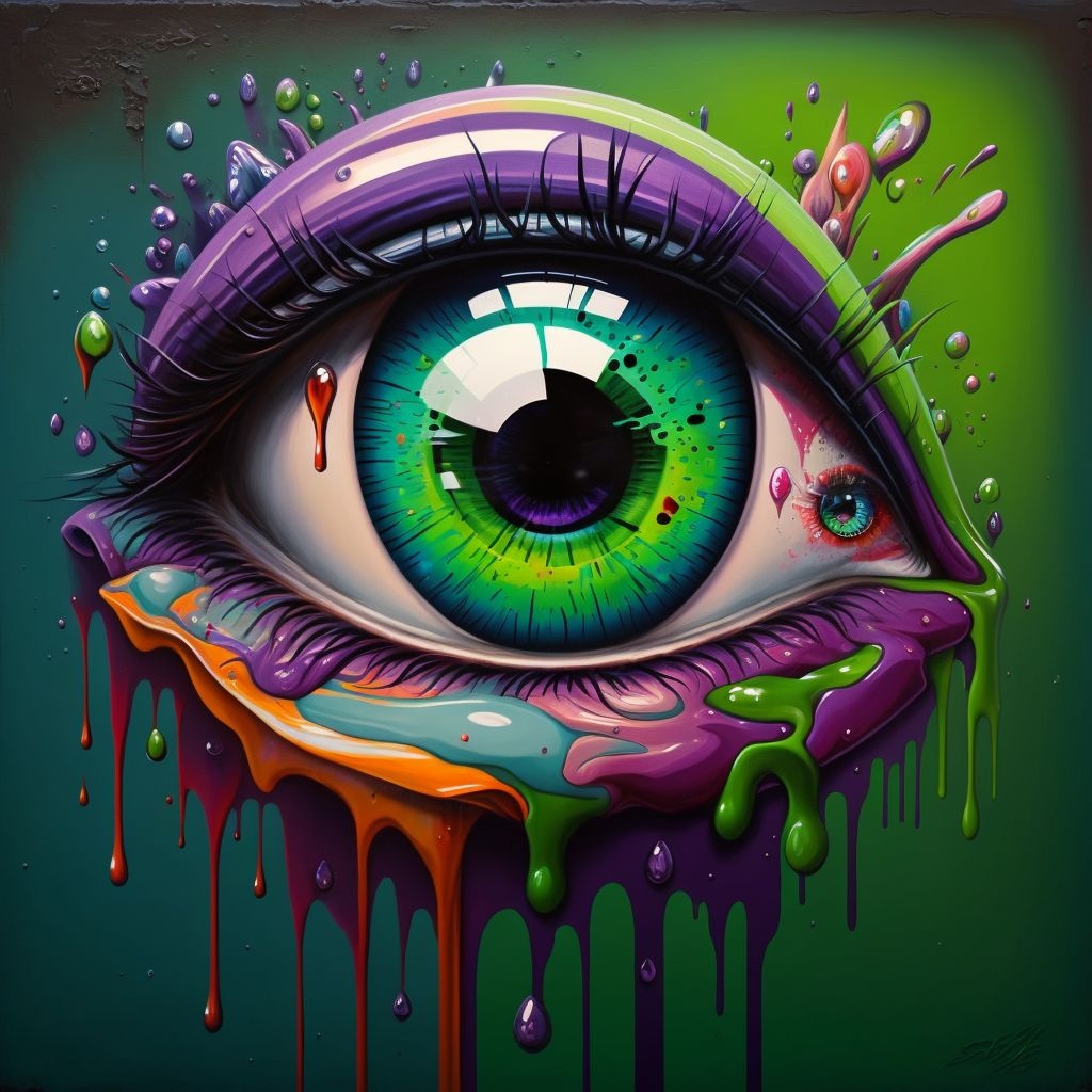Prompt: a colorful graffito painting of an eyeball with colorful paints, in the style of whimsical cyborgs, purple and green, mechanical realism, zombiecore, melting, large canvas sizes, heistcore