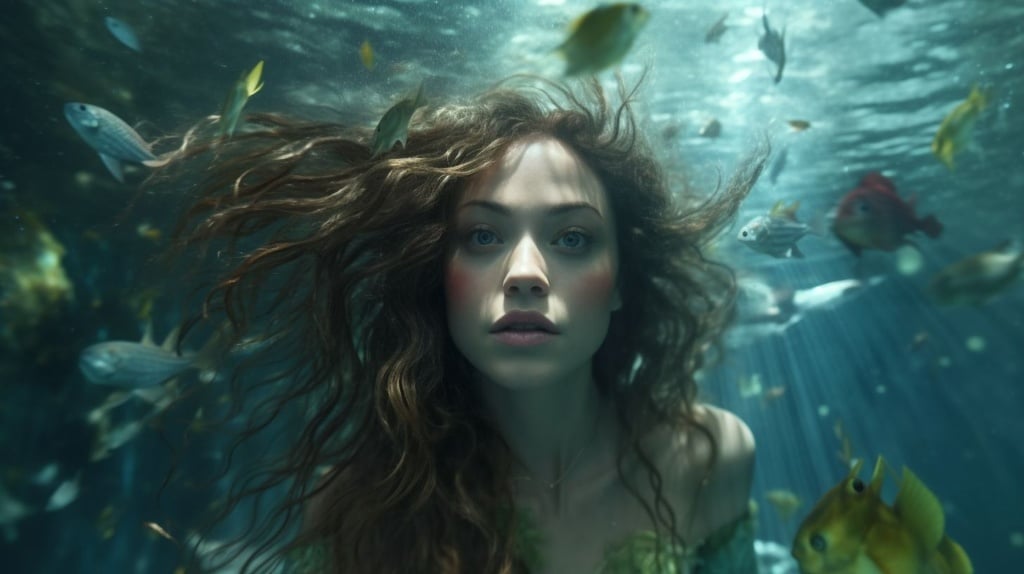 Prompt: a mermaid is facing you, underwater photography, hyper photo realistic, enchanted environment, cinematic, intricate details, 4k, epic
