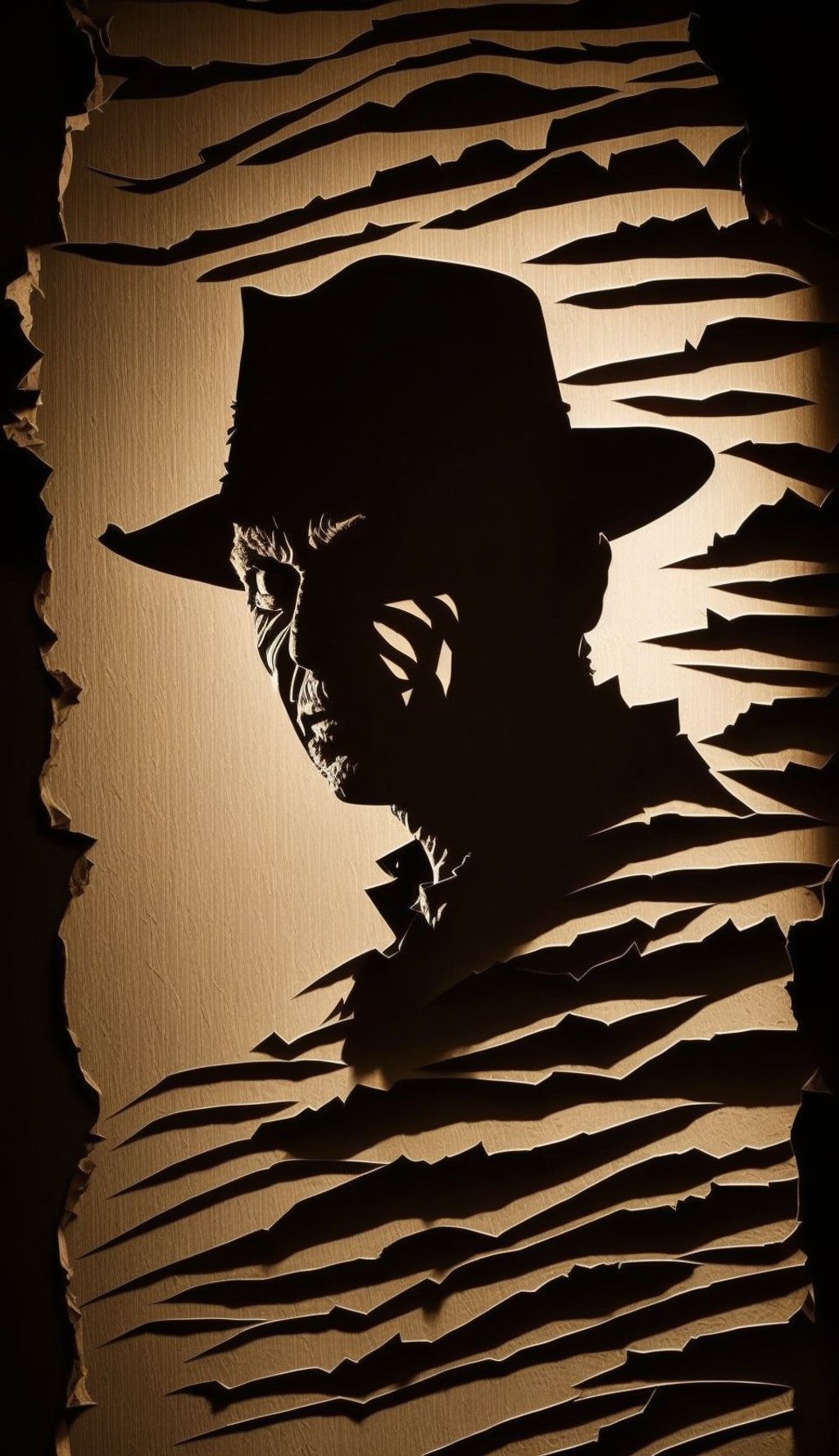 Prompt: the silhouette of freddy krueger behind a paper wall