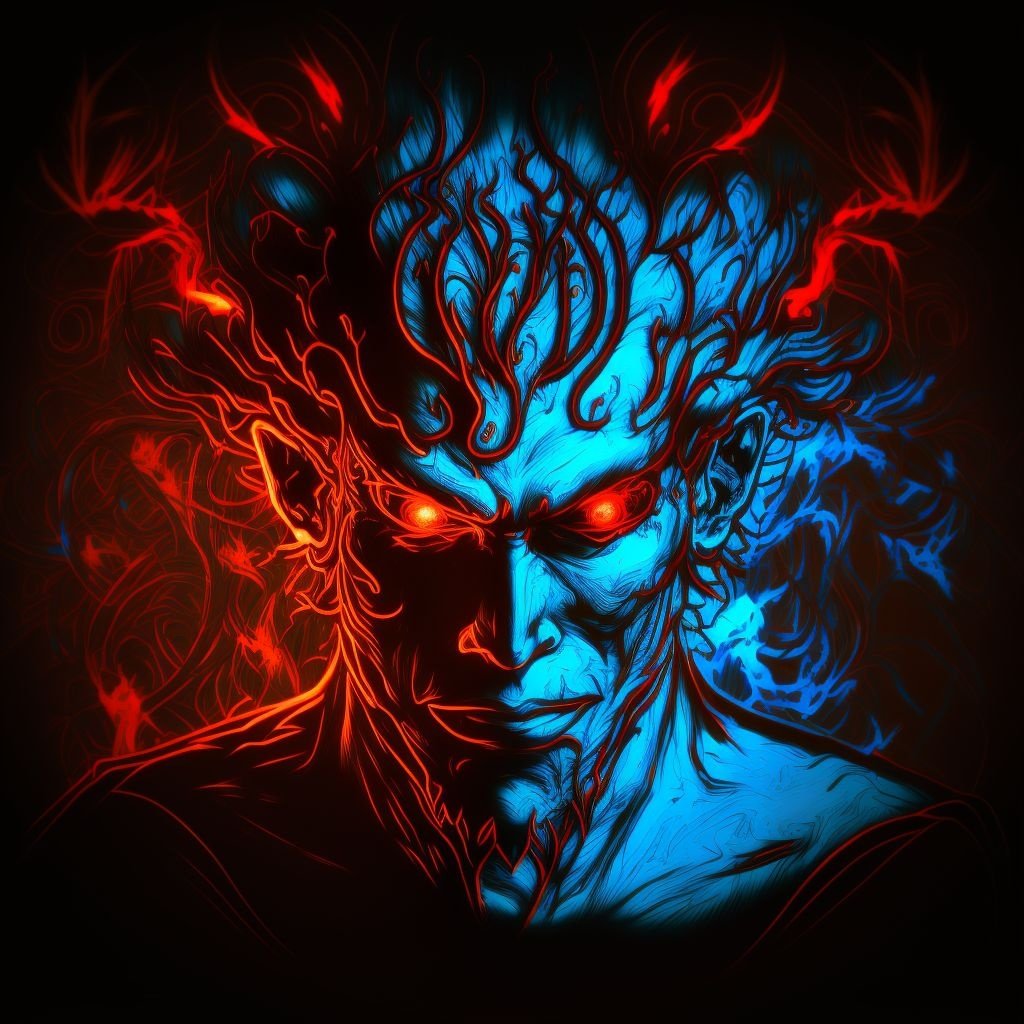 Prompt: game art portrait of a demon, in the style of bioluminescence, light bronze and blue, kushan empire, made of vines, intel core, xbox 360 graphics, light crimson and blue