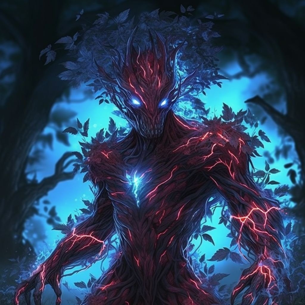 Prompt: art for humanoid character, in the style of bioluminescence, realistic fantasy artwork, changelingcore, dark crimson and azure, xbox 360 graphics, realistic fantasy, made of vines