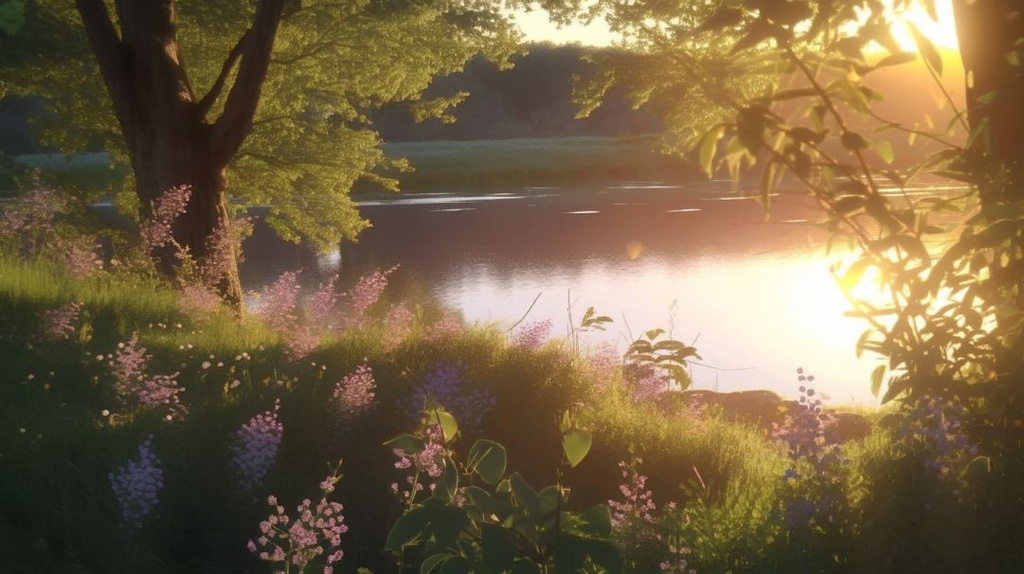 Prompt: photorealistic, A beautful green landscape, running along the side of a wide river with foilage on either side, a beautiful low setting sun, and beautiful wild purple flowers running along the banks. A bridge is faintly made out in the distance. --iw 1.7 --ar 16:9 --q 2 --upbeta --niji 5