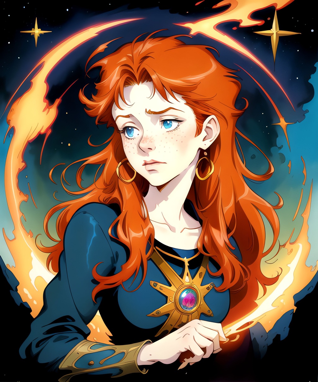 Prompt: by Thomas Moran, by Mike Mignola, by Grayson Perry, by Sven Nordqvist, highest quality, inked original-art, lineart, ultra sharp, nebulous, liberty, witchcore portrait of a cute redhead girl with freckles, complex-lighting, ultradetailed, fine-details, RAW-format, trending on artforum