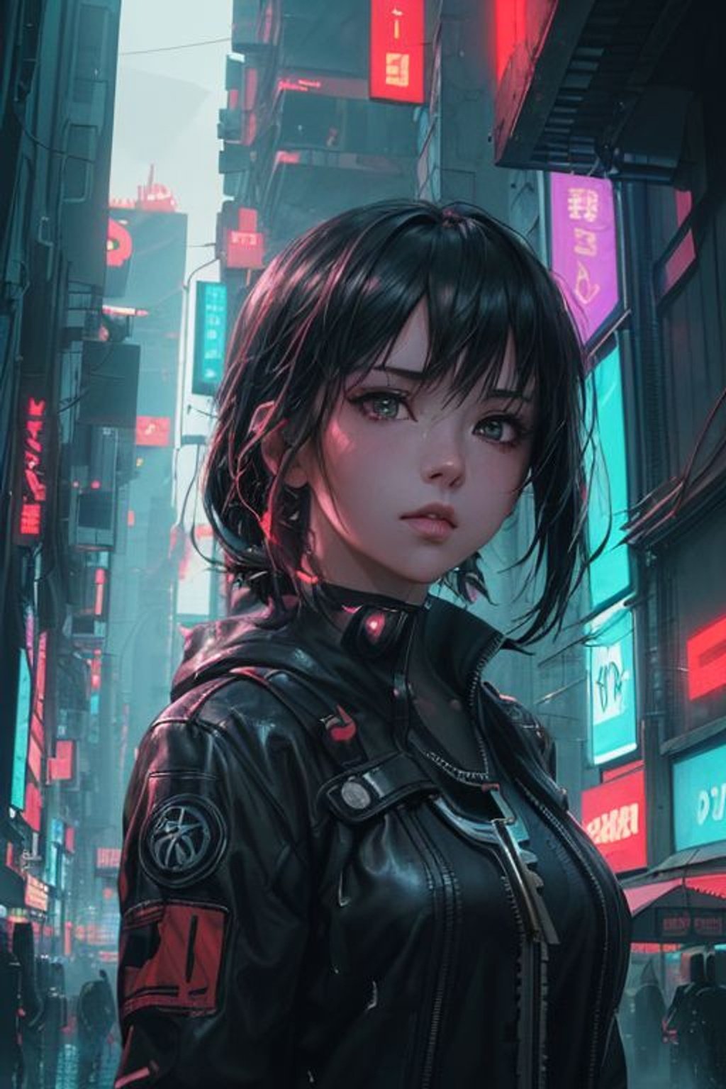Prompt: ((Best quality)), ((masterpiece)), ((realistic)), Cyberpunk Street by Wlop, an anime key visual, depicting a bustling street in a futuristic cyberpunk city. The scene is immersed in a continuous rain, adding an atmospheric touch. The detailed background showcases a dynamic urban landscape, featuring towering skyscrapers, neon lights, and a warzone backdrop. The lighting is cinematic, creating a high contrast atmosphere with dramatic shadows. The artwork focuses on a beautiful detailed face with captivating eyes, portraying an anime girl with delicate features. The composition is framed from a dynamic angle, capturing the energy and vibrancy of the cyberpunk street. The artwork also incorporates a beautiful detailed glow, enhancing the futuristic aesthetic. Created by the renowned artist Wlop, this digital artwork is rendered using Unreal Engine, ensuring ultra-detailed 8K resolution. The color scheme is vibrant, with a focus on neon and cyberpunk aesthetics, contributing to the overall captivating ambiance. This key visual poster represents a true masterpiece in terms of its best quality and artistic execution