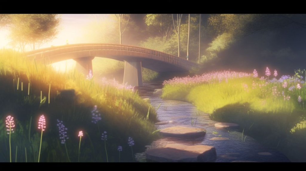 Prompt: Stepping stones across a feild with purple flowers lightly scattered over it. Lush hills with a forest a river and a bridge above it, Sunset, beautiful, god rays --ar 16:9 --iw 1.2 --style cute --q 2 --upbeta --niji 5