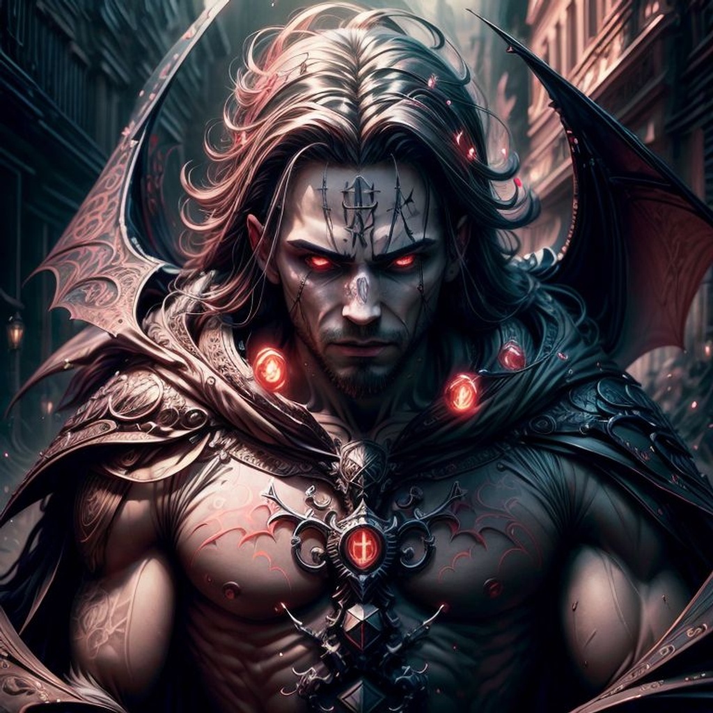 Prompt: (Upper body visible:1.3), portrait, (zentangle:0.3, fractal art:0,3, abstract:0.2) (Masterpiece, top quality, best quality, official art, beautiful and aesthetic:1.2), looking at viewer, 1 vampire lord, male, vampire garb,  dynamic pose, red long hair, tall, handsome, angry, gothic castle interior, background, candle, night, bat, extreme detailed eyes, colorful, (highest detailed, finest detail, ultra detailed, intricate),  (perfect face, epic proportion, epic composition), luminous trails, HDR, HD, UHD, professional work, <lora:add_detail:1>, (<lora:GlowingRunesAIV3:0.4>, GlowingRunesAI_red theme:0.5), <hypernet:sxzBloom_sxzBloom:0.7>