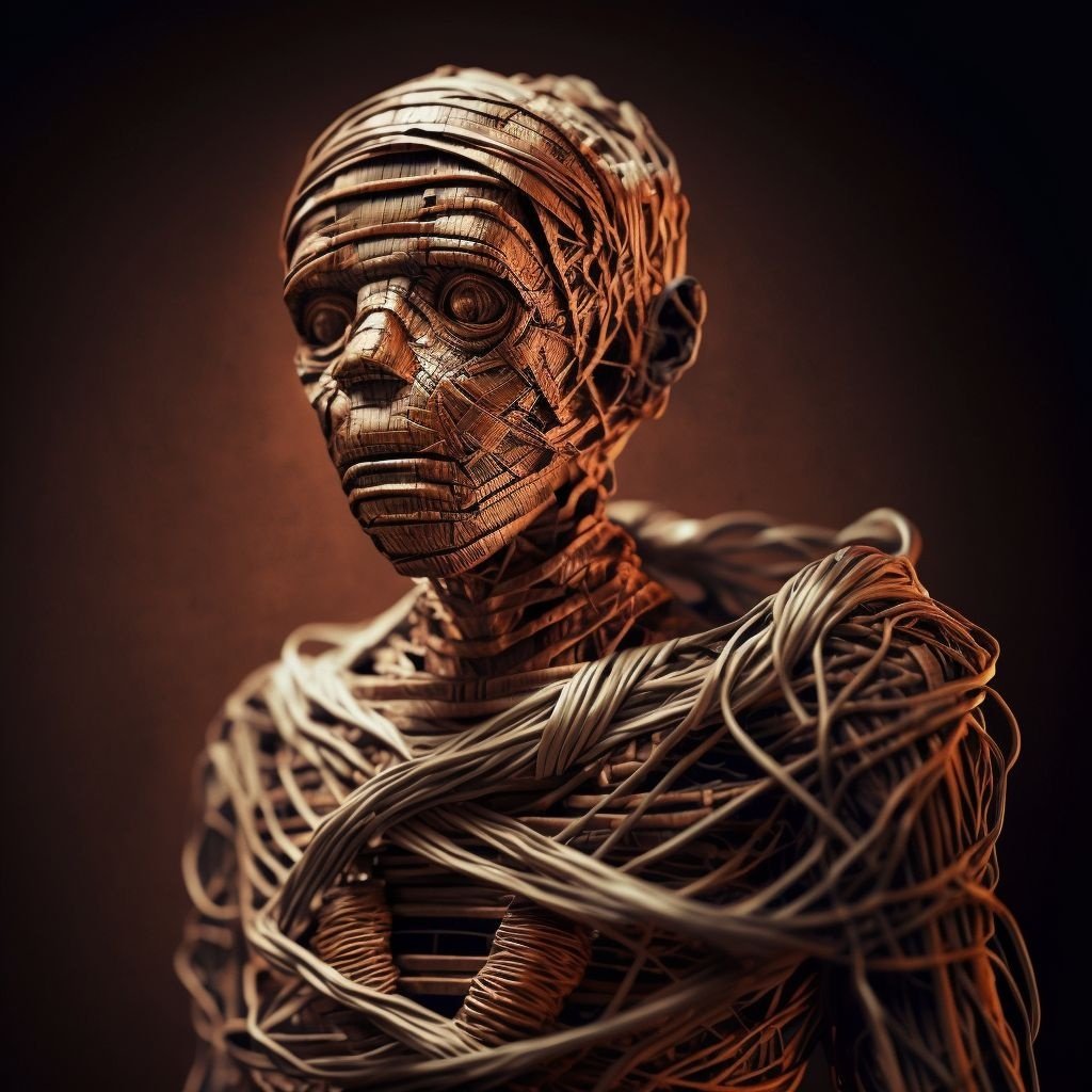 Prompt: mummy made of copper wire