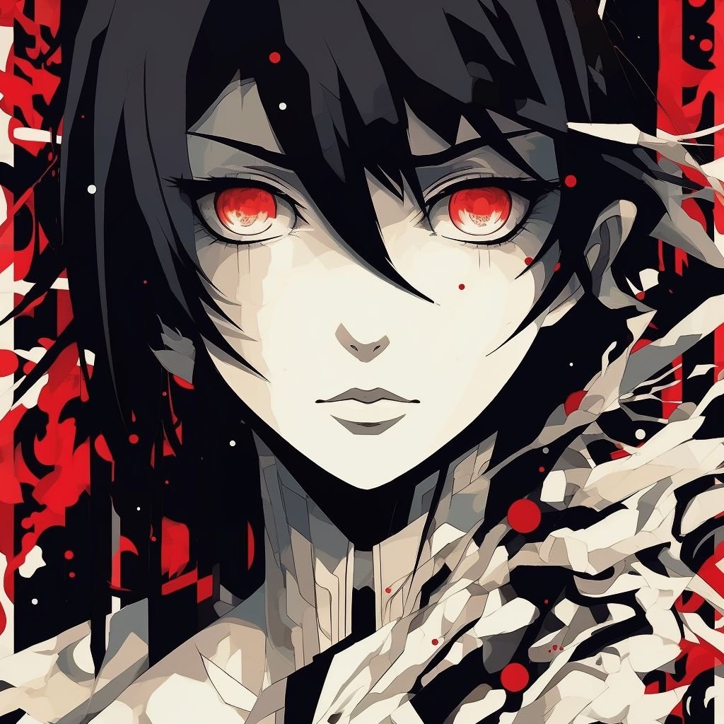 Prompt: an anime girl with red eyes and black hair, in the style of intricate cut-outs, minimalist black and white, light yellow and dark white, clamp, 2d, slender, iconic