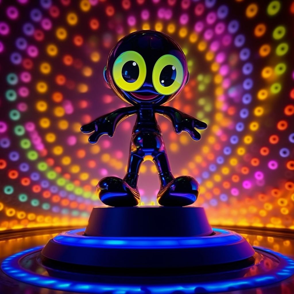 Prompt: jumbo alien figurine in a colorful circle on top of a rainbow light, in the style of light black and yellow, interactive experiences, disney animation, photo taken with provia, rollerwave, furaffinity, playful machines