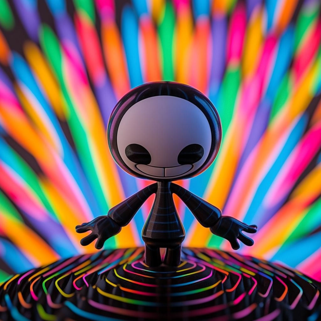 Prompt: jumbo alien figurine in a colorful circle on top of a rainbow light, in the style of light black and yellow, interactive experiences, disney animation, photo taken with provia, rollerwave, furaffinity, playful machines