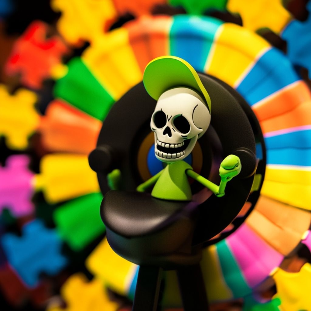 Prompt: a plastic yellow toy skeleton in the middle of a colorful spinning wheel of fun, in the style of doug hyde, neogeo, dark black and green, photo taken with provia, walt disney, interactive experiences, tabletop photography