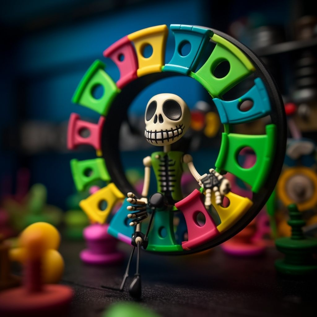 Prompt: a plastic yellow toy skeleton in the middle of a colorful spinning wheel of fun, in the style of doug hyde, neogeo, dark black and green, photo taken with provia, walt disney, interactive experiences, tabletop photography