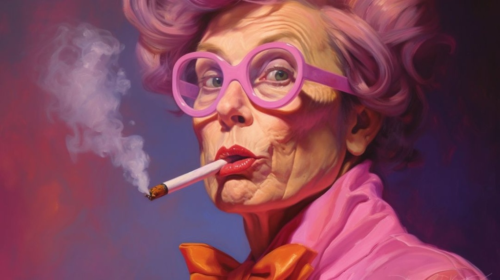 Prompt: portrait of a very unattractive woman with mutton chops a large waggly chin, puffy, cheeks, Karen like hair cut and way to much make up in bright pinks in contrasting colors. She is holding a tube of lipstick while puckering up her lips putting an ugly shade of red on her lips. --ar 16:9 --q 2 --upbeta --v 5.1