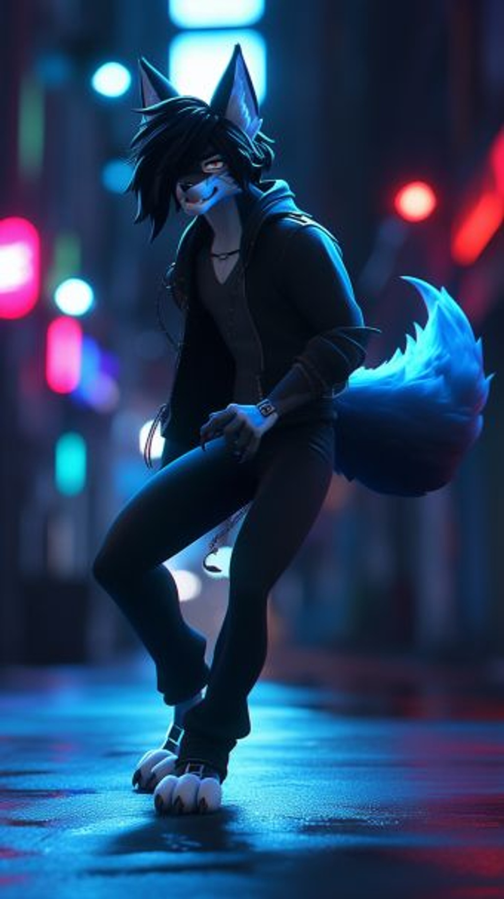 Prompt: a young attractive male wolf furry, his paws touching the dark pavement below, in emo clothing, with long emo black hair and ice blue eyes, very skinny, tight clothing, anthropromorphic, highly detailed fur like you could run your fingers though how soft it is, background - Night time city center with big well lit neon lights --ar 9:16 --style expressive --q 2 --upbeta --niji 5