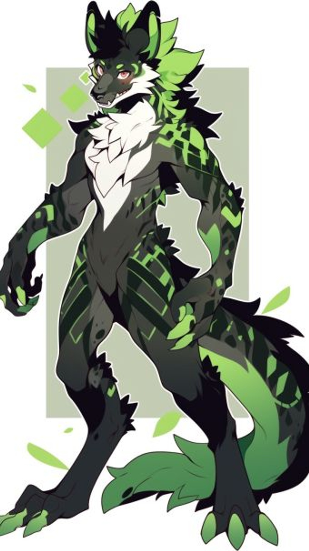 Prompt: giant green kangaroo::wolf hybred. Black and silver markings, Emerald green eyes, furry, Anthropromorphic, attractive, flirty --ar 9:16 --q 2 --upbeta --niji 5