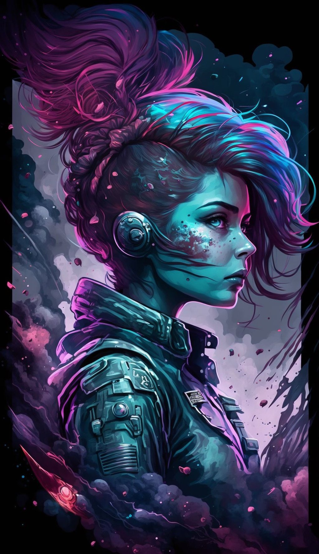 Prompt: the artist is in the center of a colorful image of the girl with purple hair, in the style of sci-fi anime, dark silver and sky-blue, 2d, visual kei, anton fadeev, charming anime characters, kerem beyit